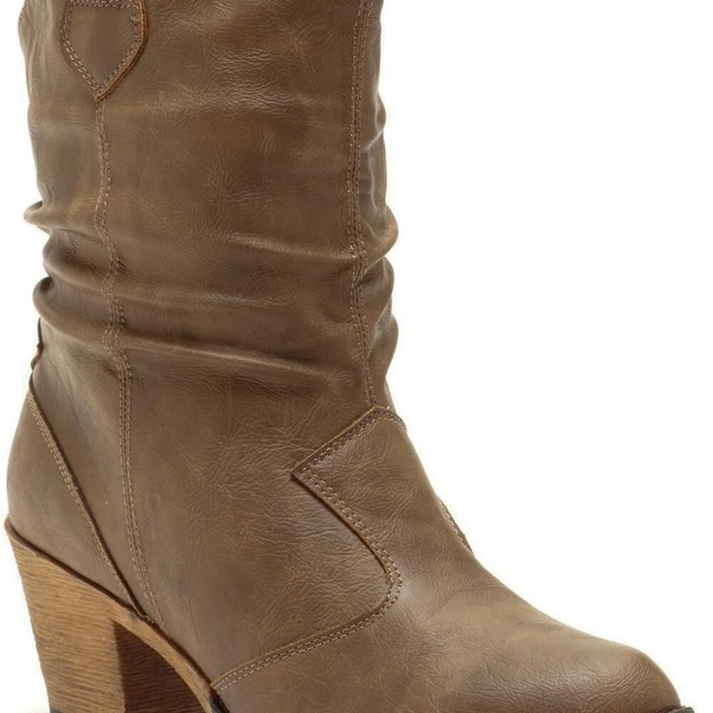Stylish Women's Western Cowboy Boots with Soft Padding & Low Heel - Mocha
